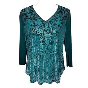 Dana Buchman Green Velvet Overlay V-Neck Long Sleeve Flowy Top